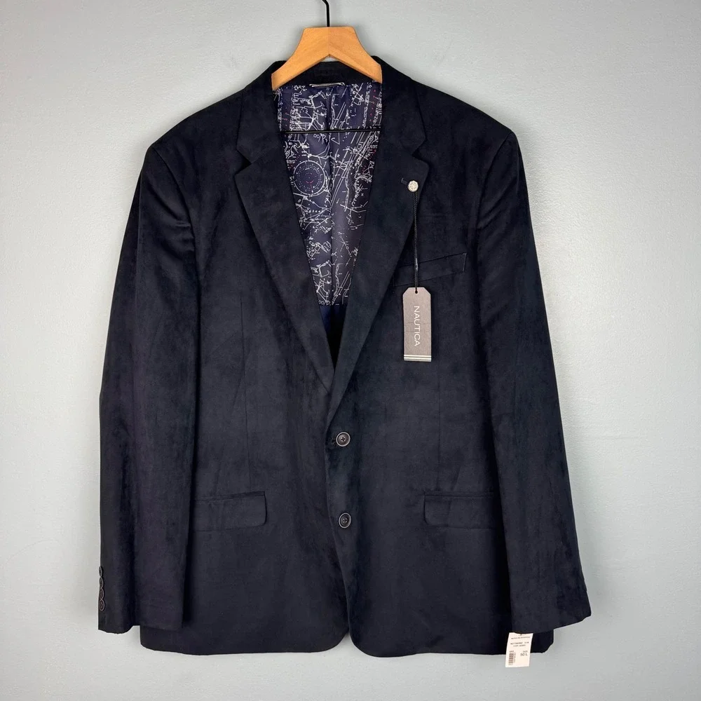 NEW Nautica Branford Blazer Men's 50L Navy Blue Faux Suede 2 Button Sport Coat